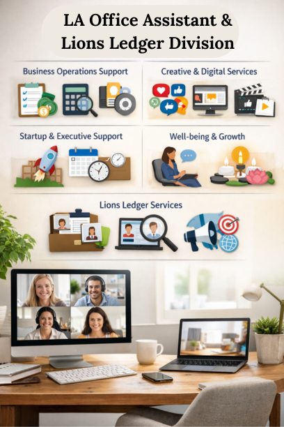 LA Office Assistant & Lions Ledger – Your Remote Business Partner  Fully remote and online-based services – no office visits required  Admin & Operations Support – manage calendars, emails, bookkeeping, HR, compliance  Creative & Digital Services – social media, websites, videos, teaching materials  Startup & Executive Support – business setup, virtual office, personal admin  Well-being & Growth – counseling and wellness programs  Lions Ledger Services – job listings, candidate shortlisting, onl